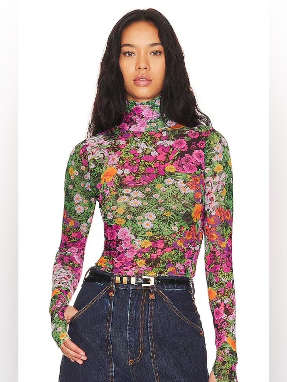 AFRM Floral Mock Neck Long Sleeve Top in Multi-Color